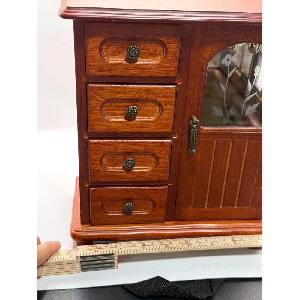 Vintage Wooden Jewelry Armoire Tabletop Chest 4 Drawers Etched Glass Carousel - Picture 15 of 16